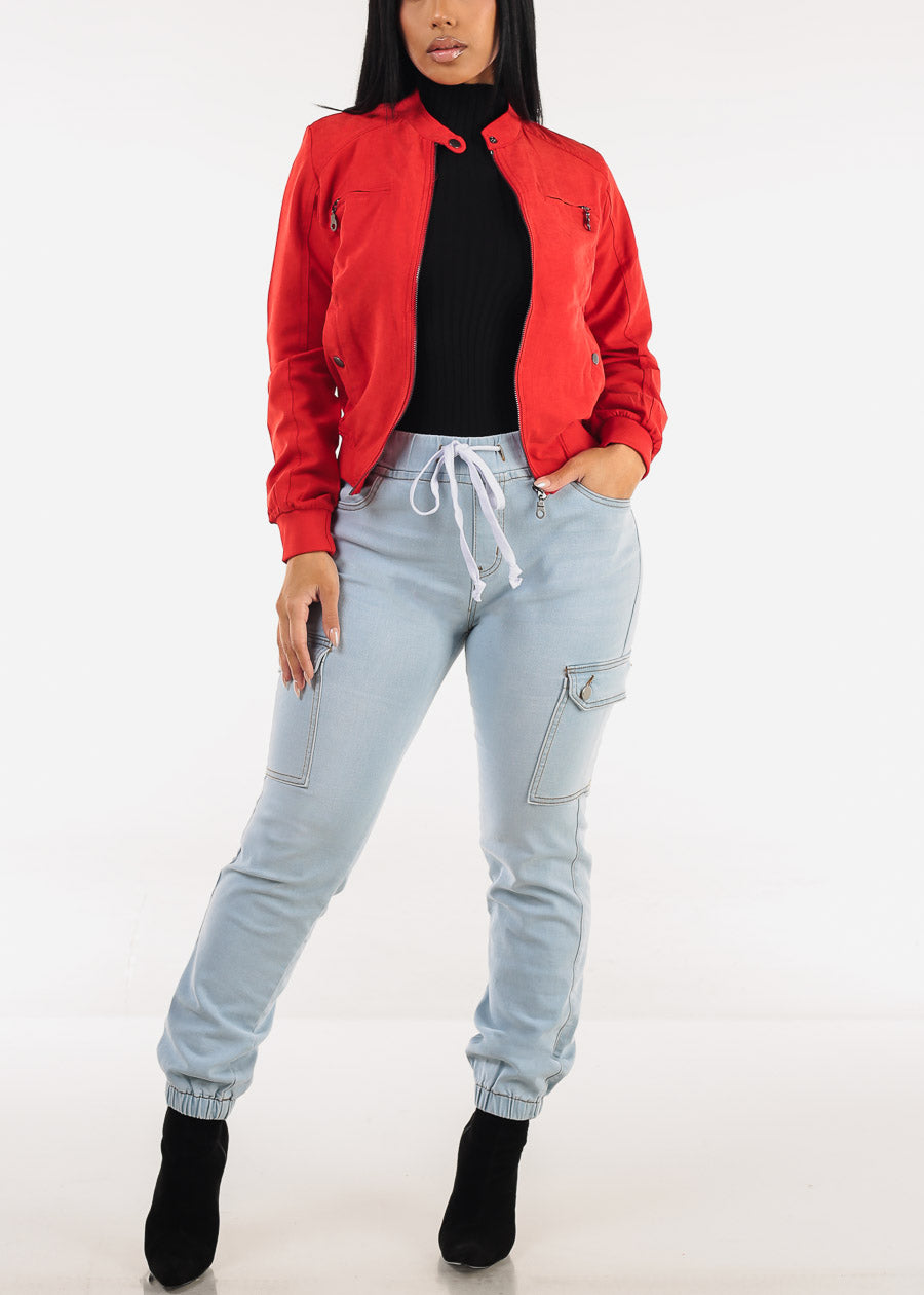 High Waist Stretchy Cargo Jogger Jeans Light Wash