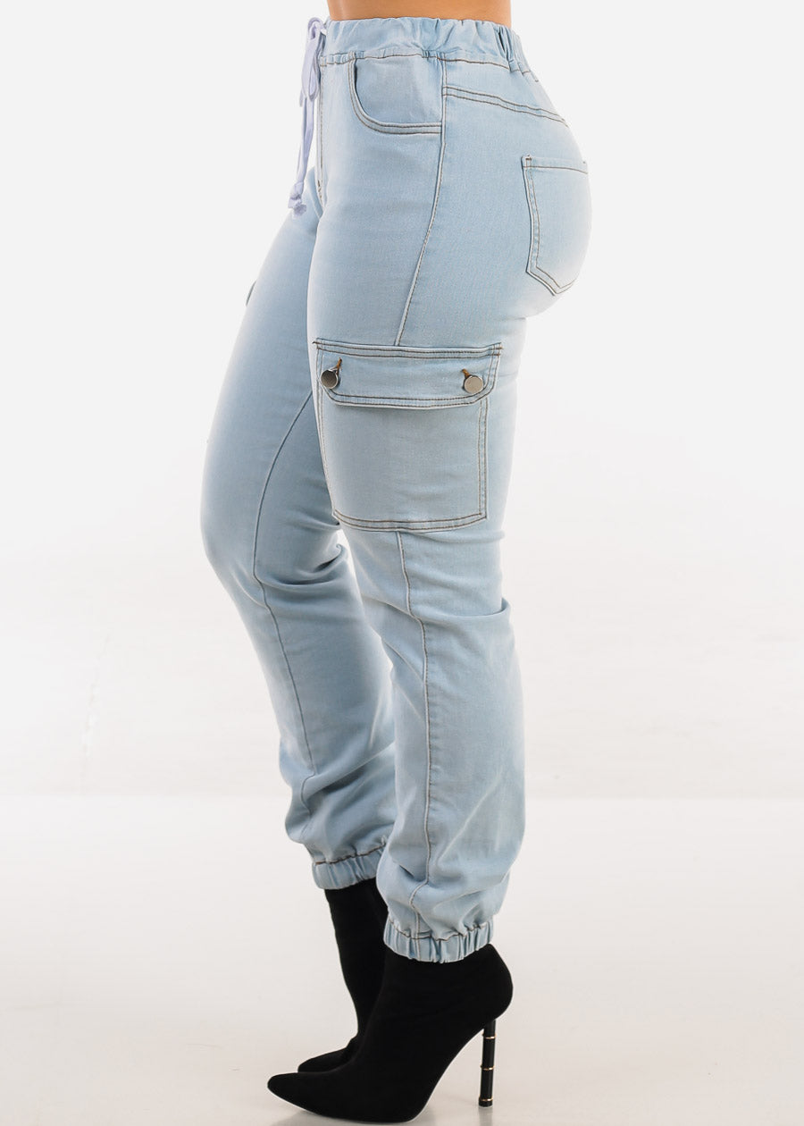 High Waist Stretchy Cargo Jogger Jeans Light Wash