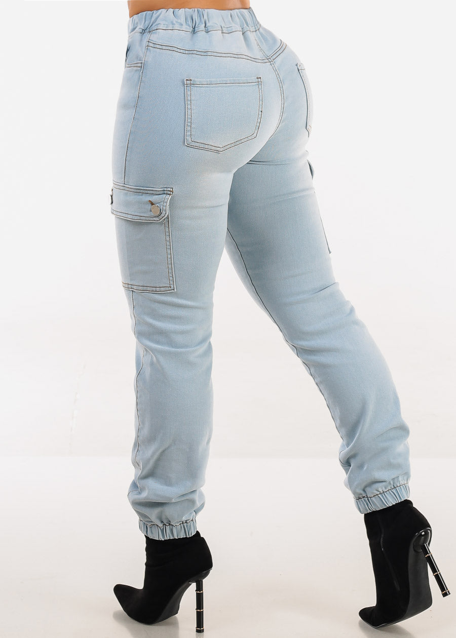 High Waist Stretchy Cargo Jogger Jeans Light Wash
