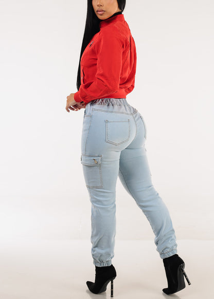 High Waist Stretchy Cargo Jogger Jeans Light Wash