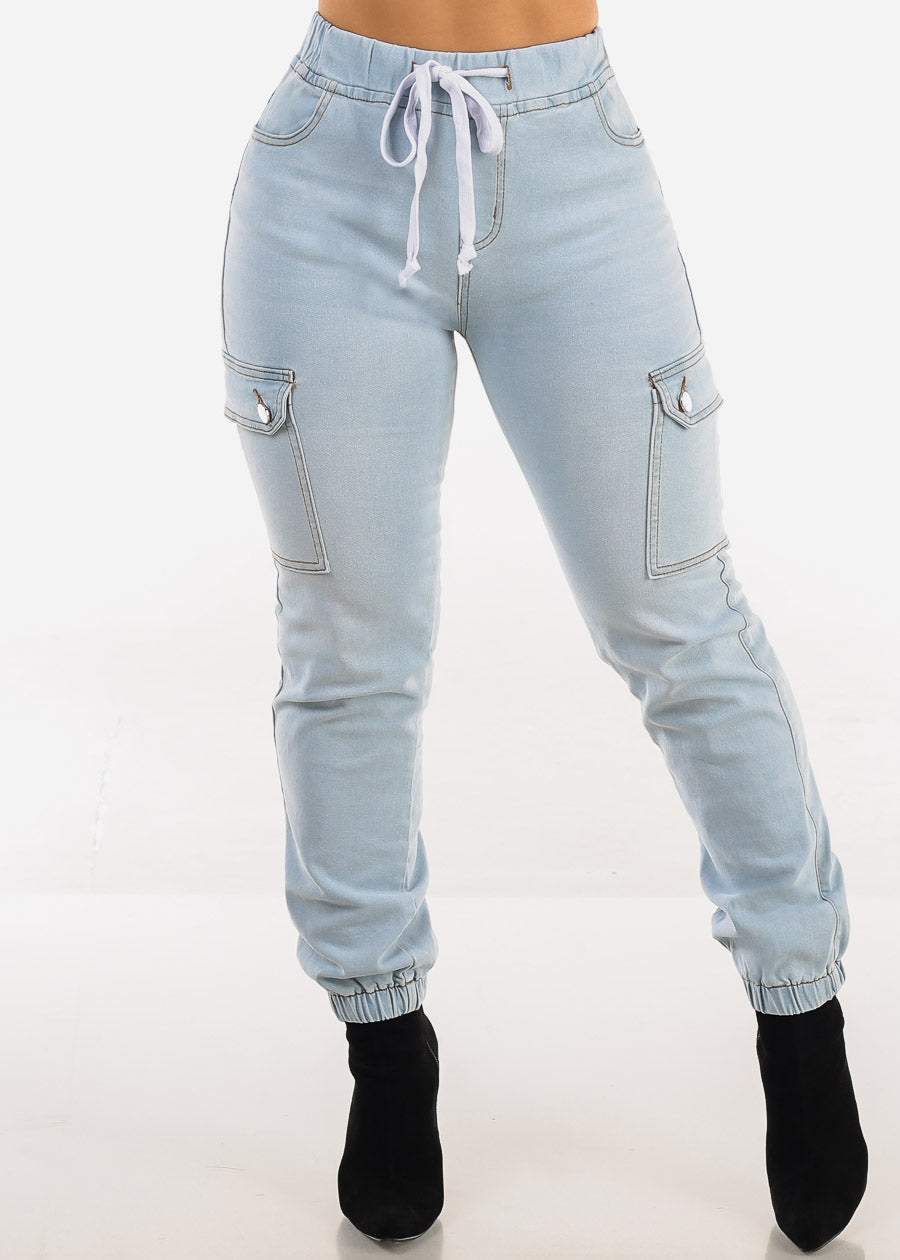High Waist Stretchy Cargo Jogger Jeans Light Wash