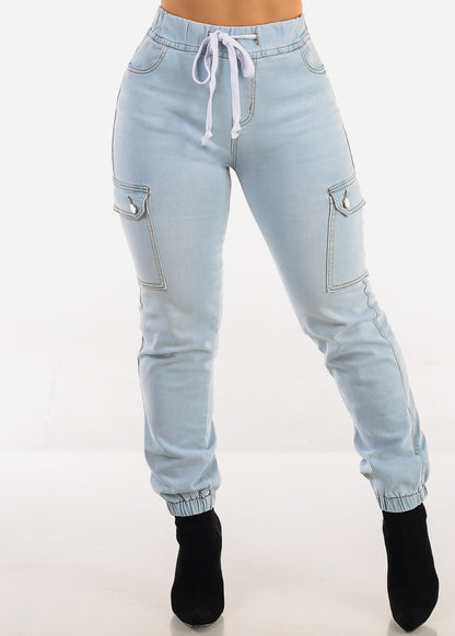 High Waist Stretchy Cargo Jogger Jeans Light Wash