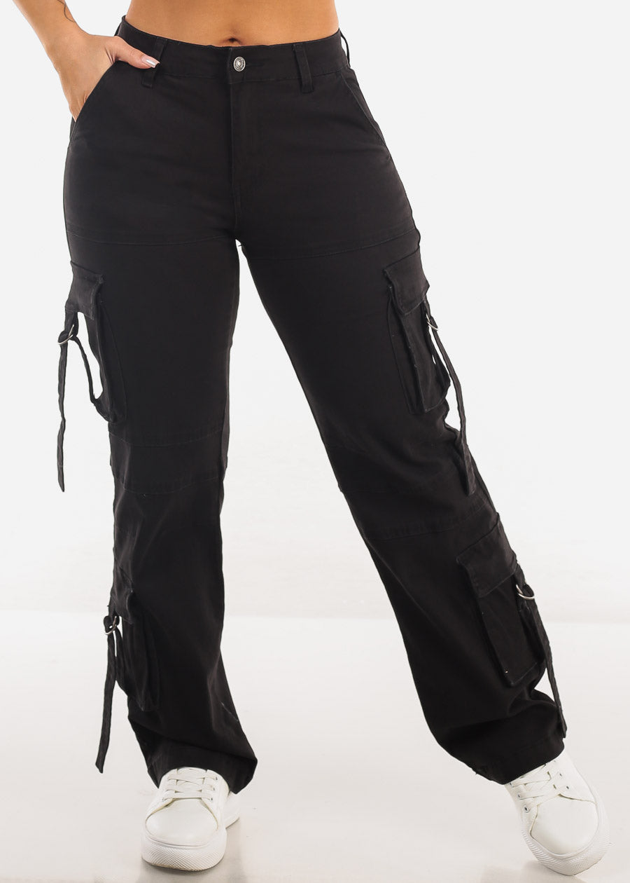 Butt Lift High Waist Straight Wide Leg Cargo Jeans Black