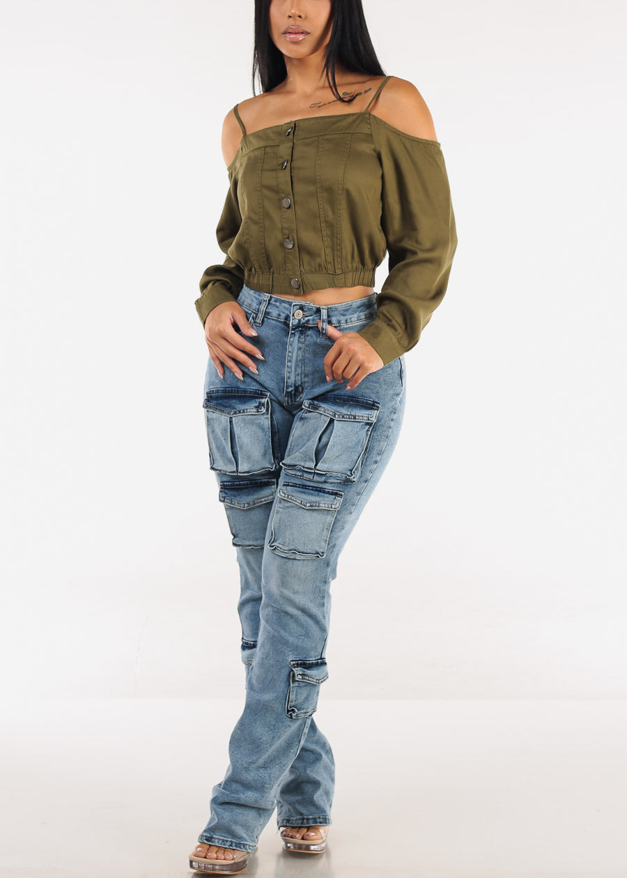 Stretchy High Waist Stacked Leg Cargo Jeans Acid Wash