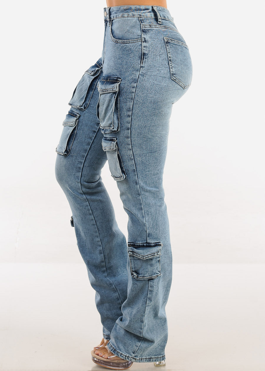 Stretchy High Waist Stacked Leg Cargo Jeans Acid Wash