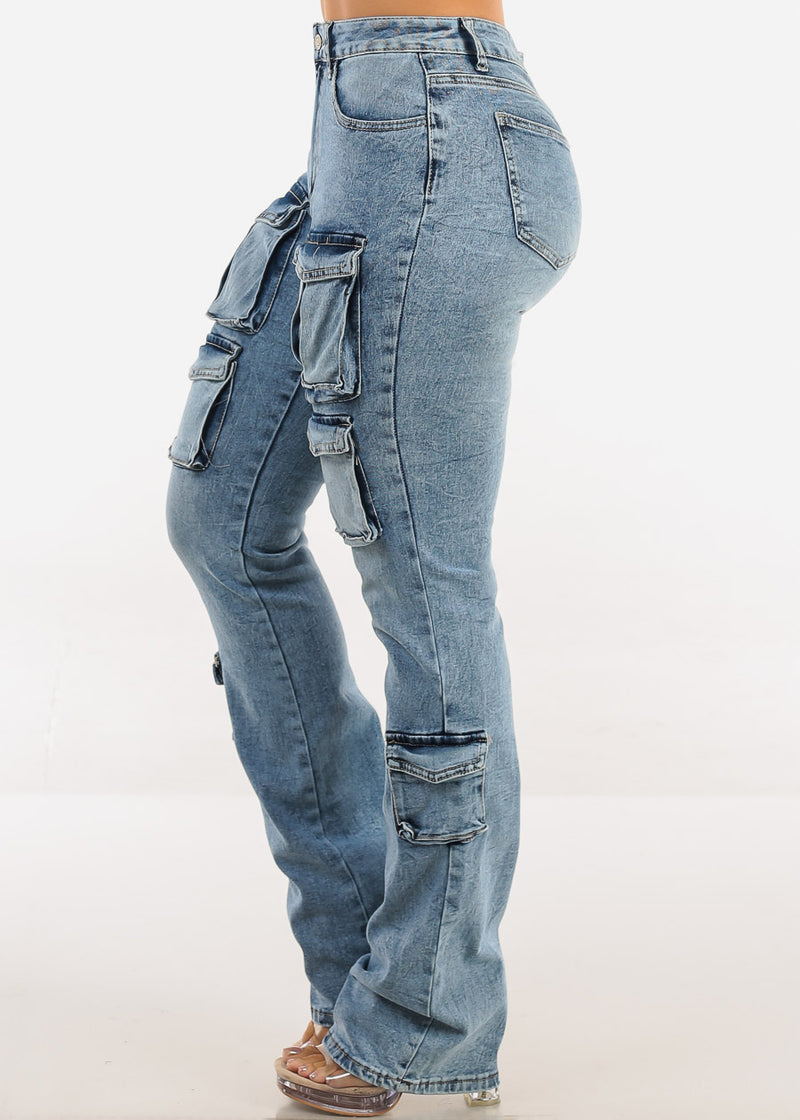 Stretchy High Waist Stacked Leg Cargo Jeans Acid Wash