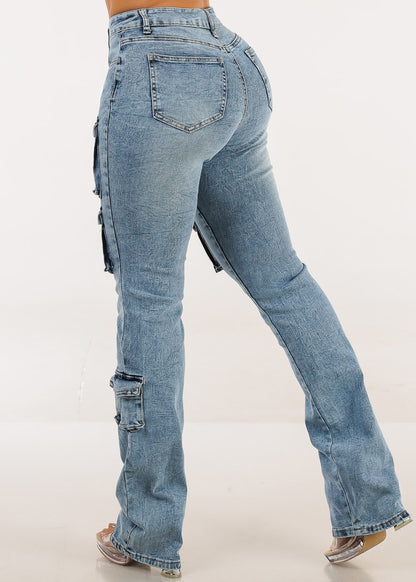 Stretchy High Waist Stacked Leg Cargo Jeans Acid Wash