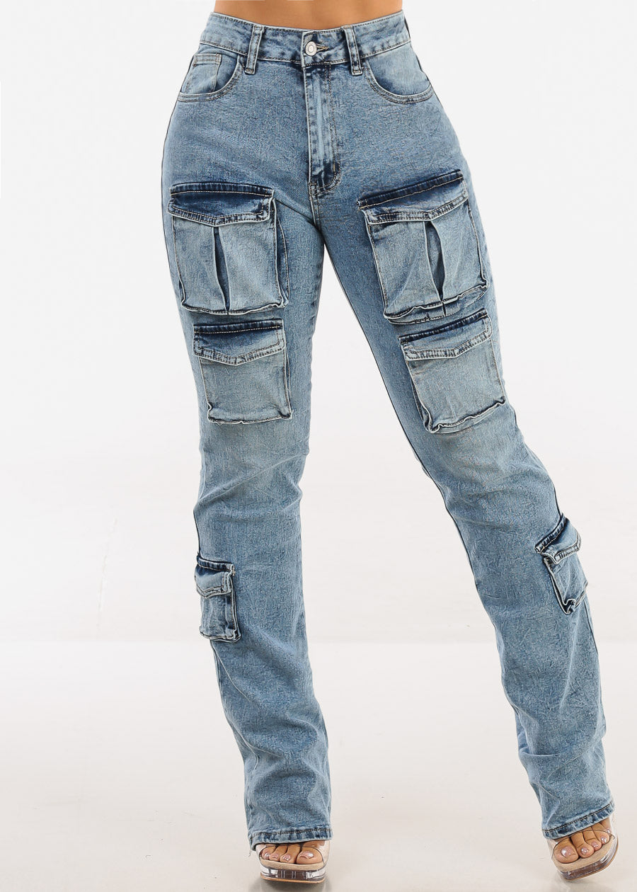 Stretchy High Waist Stacked Leg Cargo Jeans Acid Wash