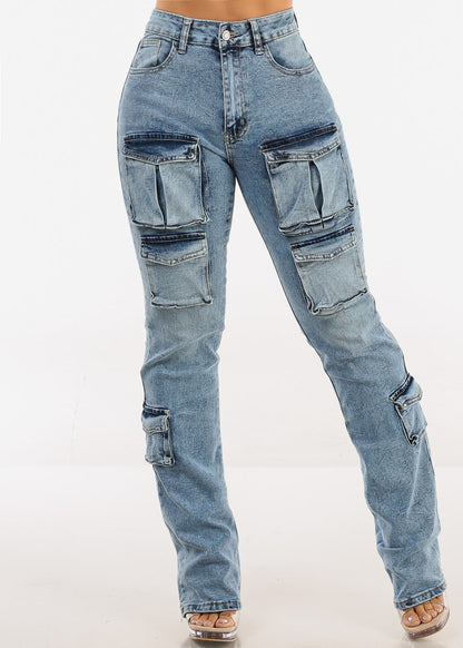 Stretchy High Waist Stacked Leg Cargo Jeans Acid Wash