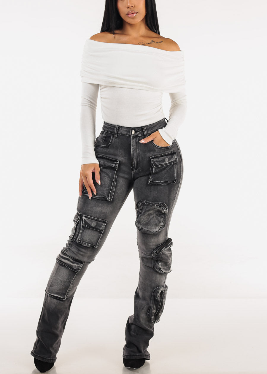 Stretchy High Waist Stacked Leg Cargo Jeans Black Acid Wash