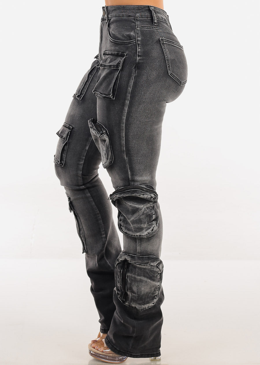 Stretchy High Waist Stacked Leg Cargo Jeans Black Acid Wash