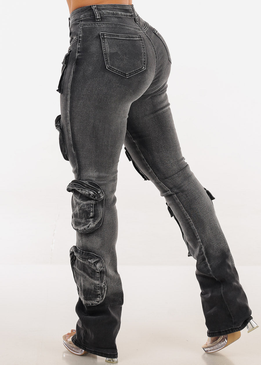 Stretchy High Waist Stacked Leg Cargo Jeans Black Acid Wash