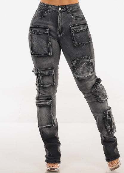 Stretchy High Waist Stacked Leg Cargo Jeans Black Acid Wash