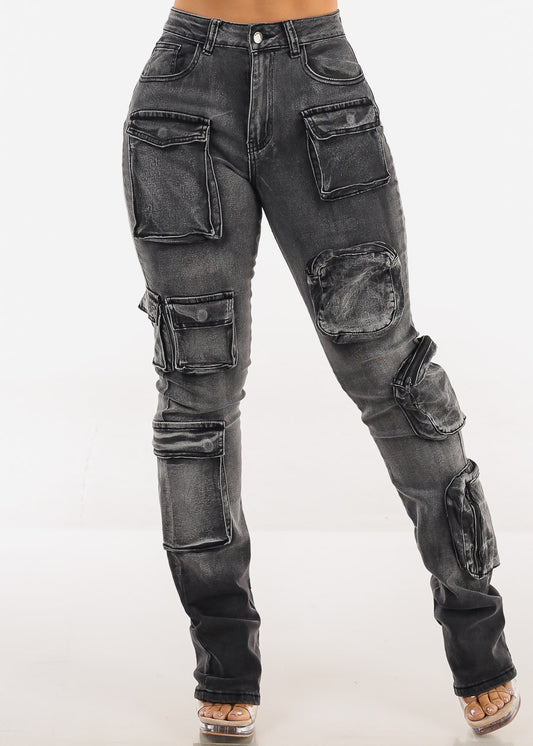 Stretchy High Waist Stacked Leg Cargo Jeans Black Acid Wash