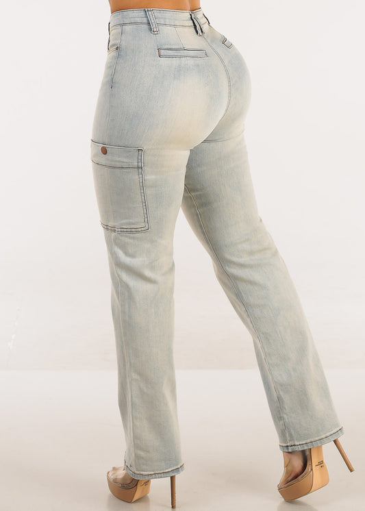 Butt Lift Vintage Wash Straight Wide Leg Cargo Jeans