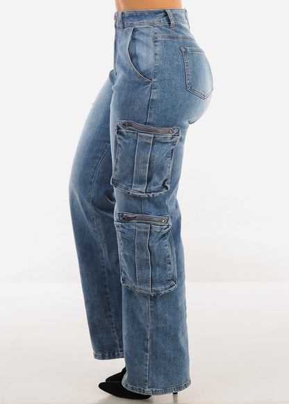 Super High Waist Straight Wide Leg Cargo Jeans Med Blue