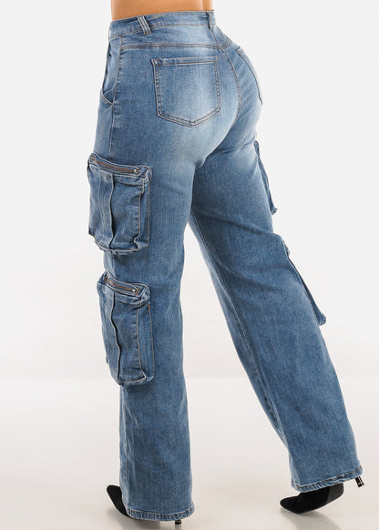 Super High Waist Straight Wide Leg Cargo Jeans Med Blue