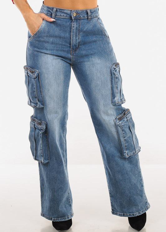 Super High Waist Straight Wide Leg Cargo Jeans Med Blue