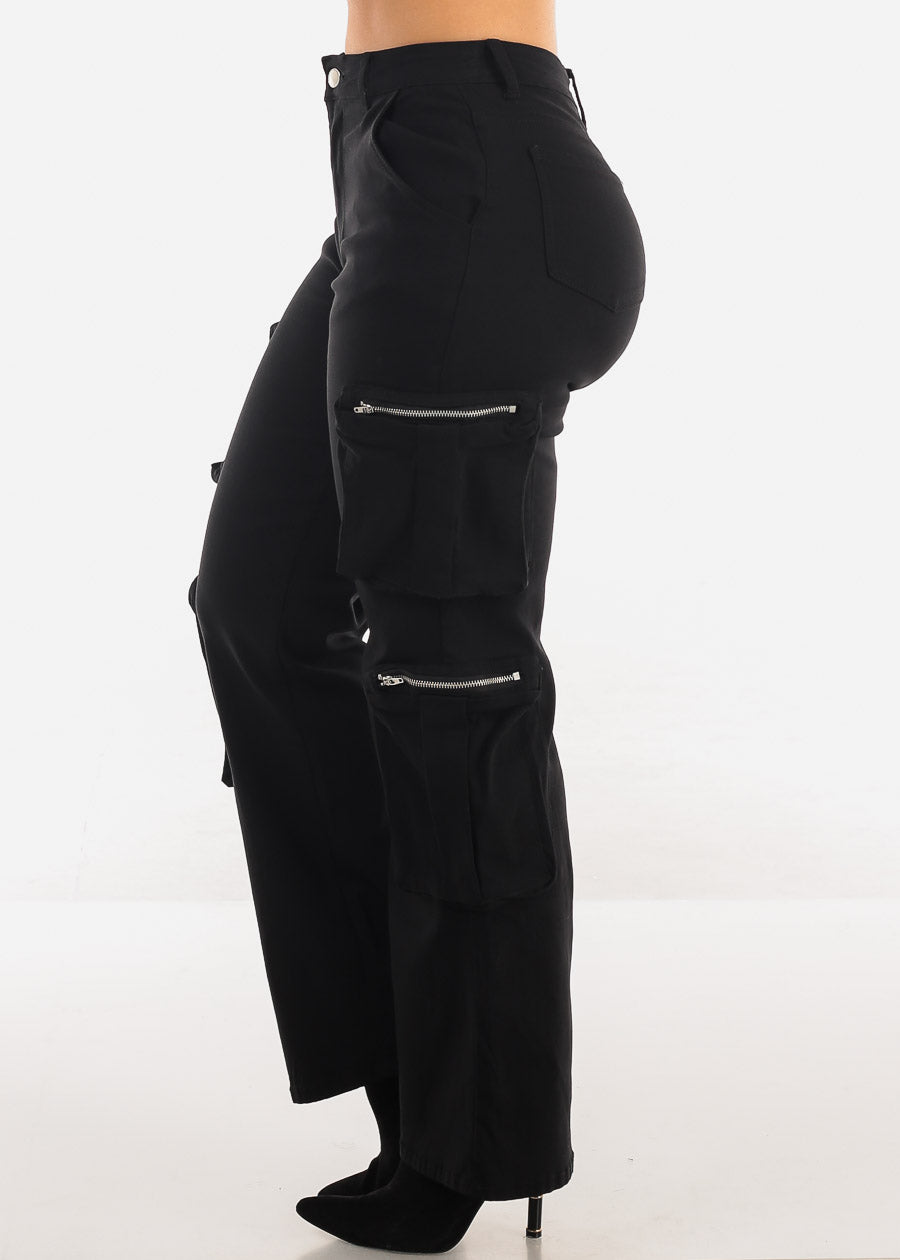 High Waist Hyper Stretch Straight Wide Leg Cargo Pants Black