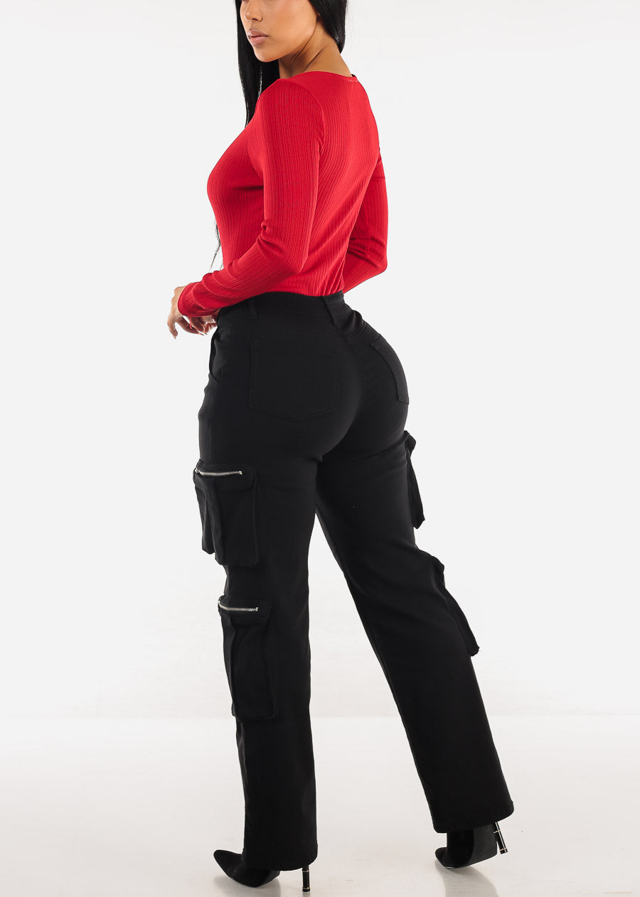 High Waist Hyper Stretch Straight Wide Leg Cargo Pants Black