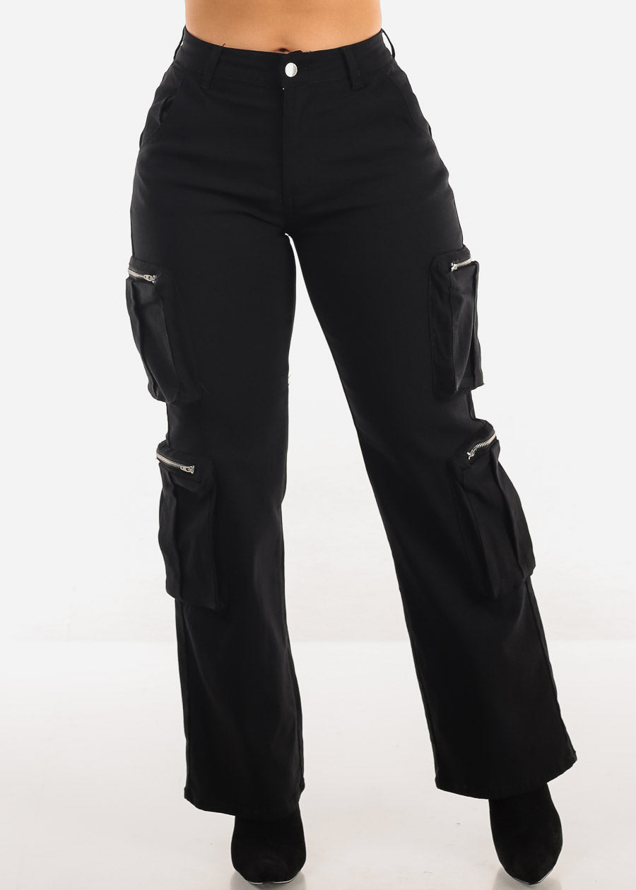 High Waist Hyper Stretch Straight Wide Leg Cargo Pants Black