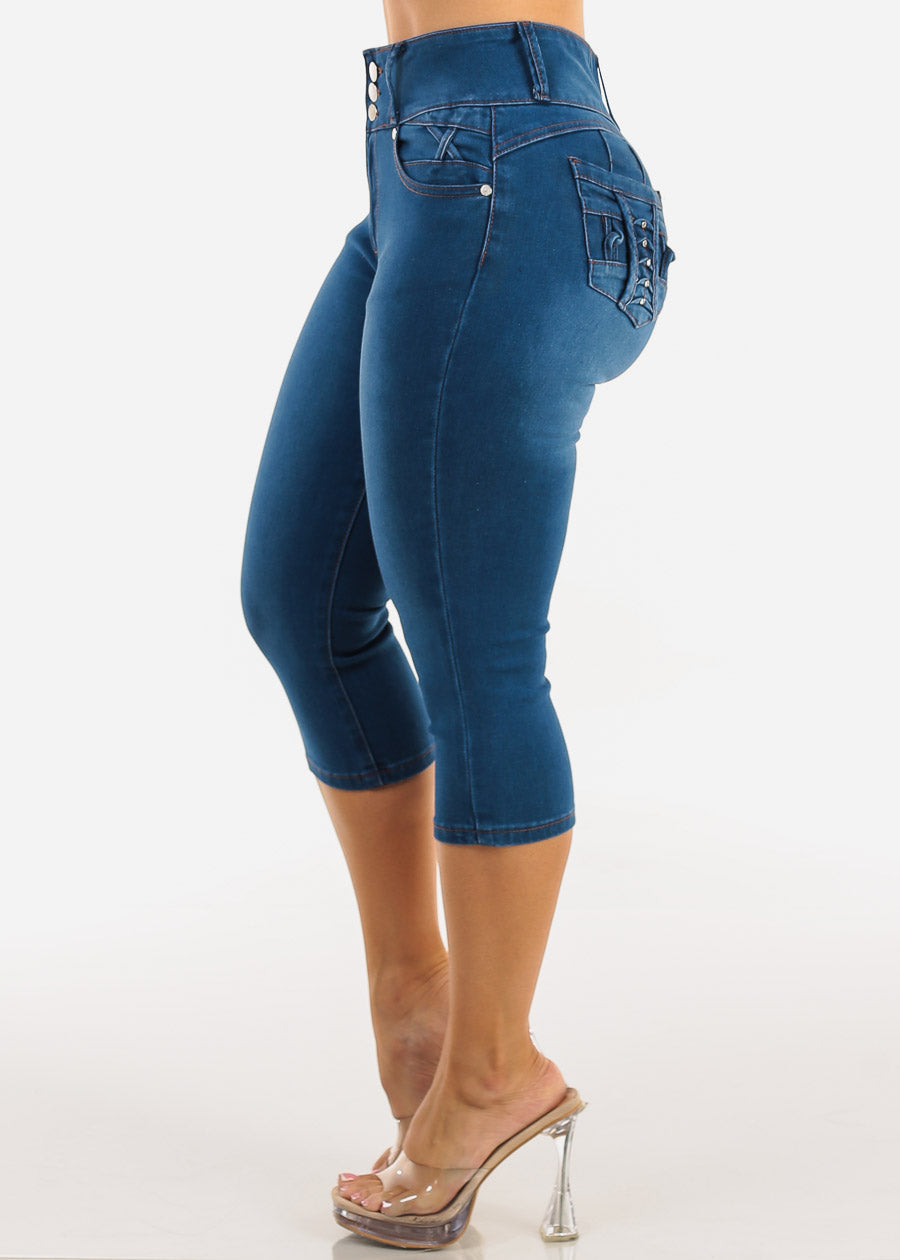 Butt Lift High Waisted Stretch Denim Capris Indigo w Back Pocket Design