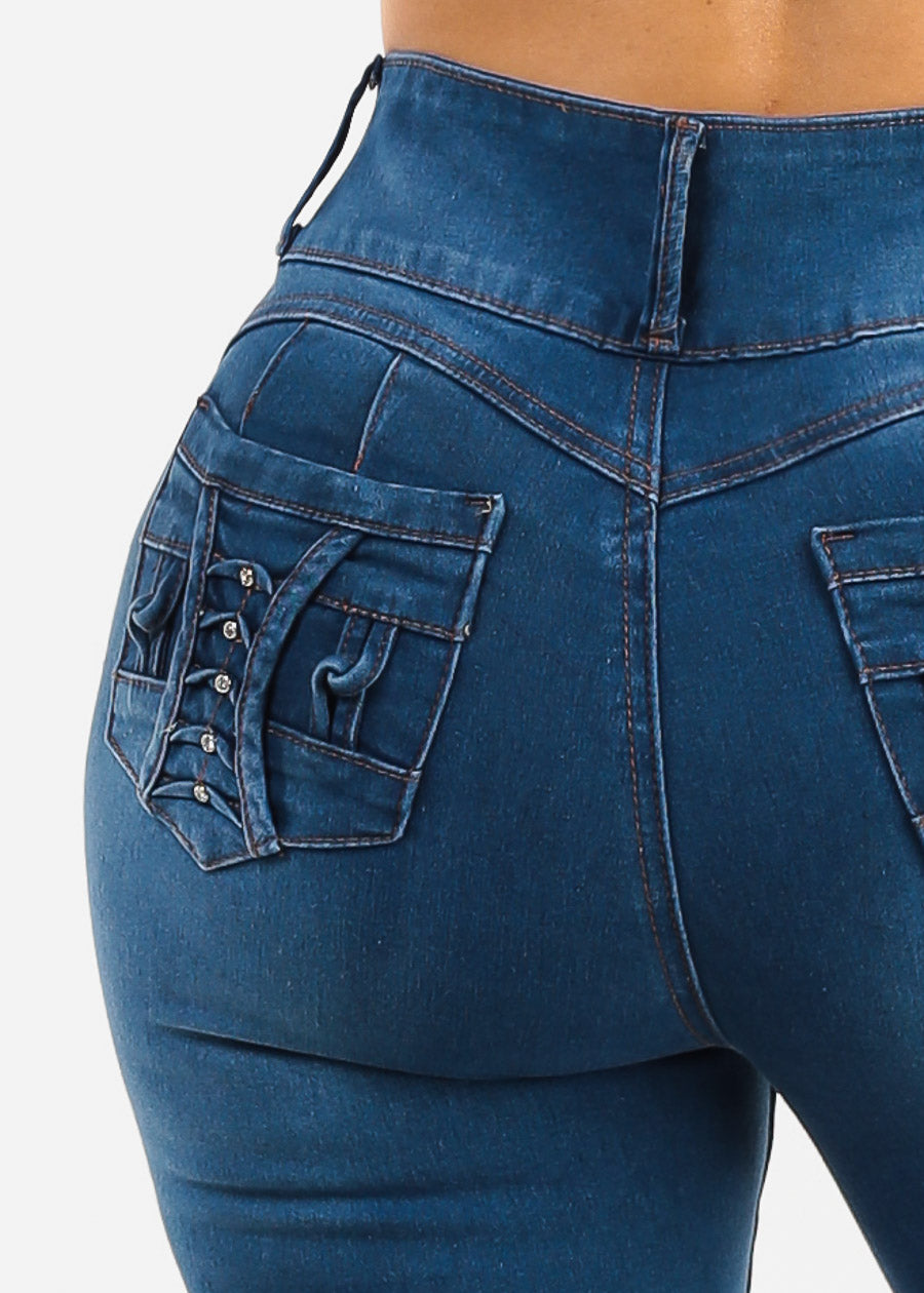 Butt Lift High Waisted Stretch Denim Capris Indigo w Back Pocket Design