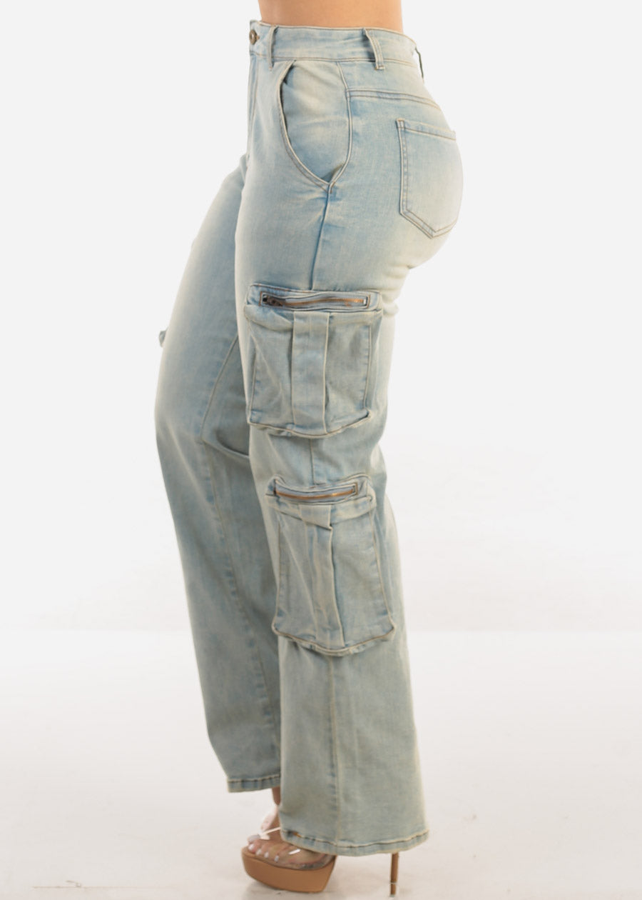 Super High Waist Straight Wide Leg Stretch Light Cargo Jeans