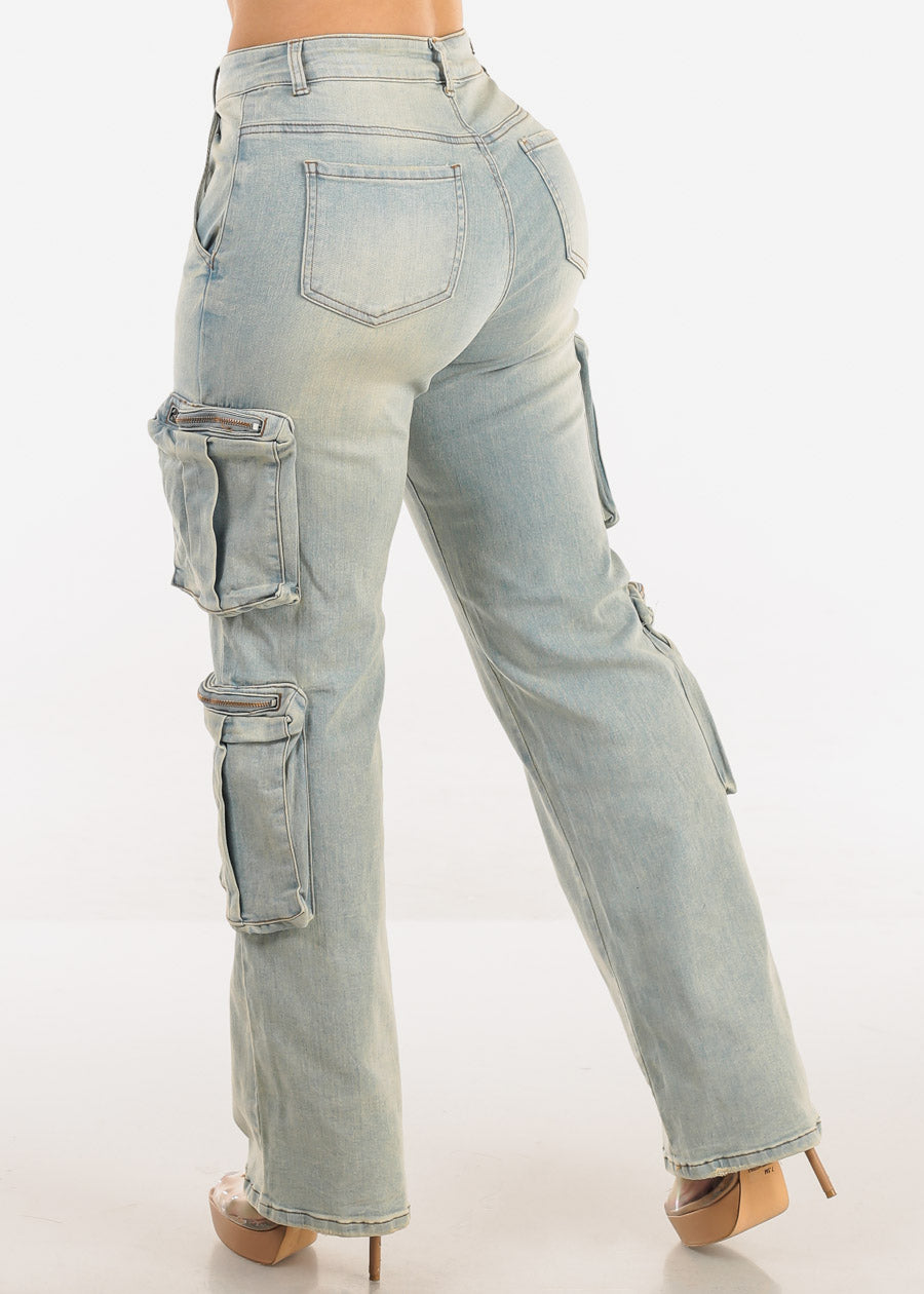 Super High Waist Straight Wide Leg Stretch Light Cargo Jeans