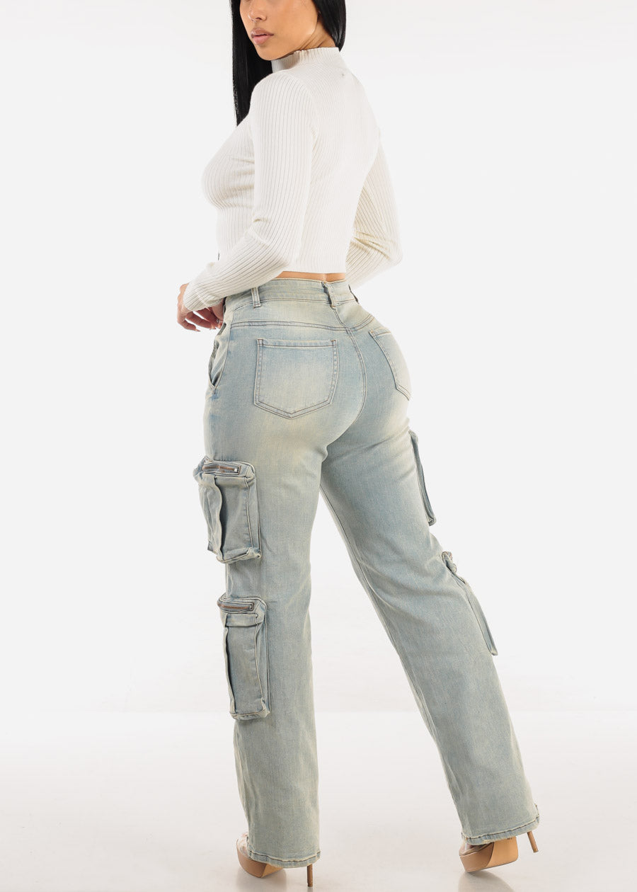 Super High Waist Straight Wide Leg Stretch Light Cargo Jeans