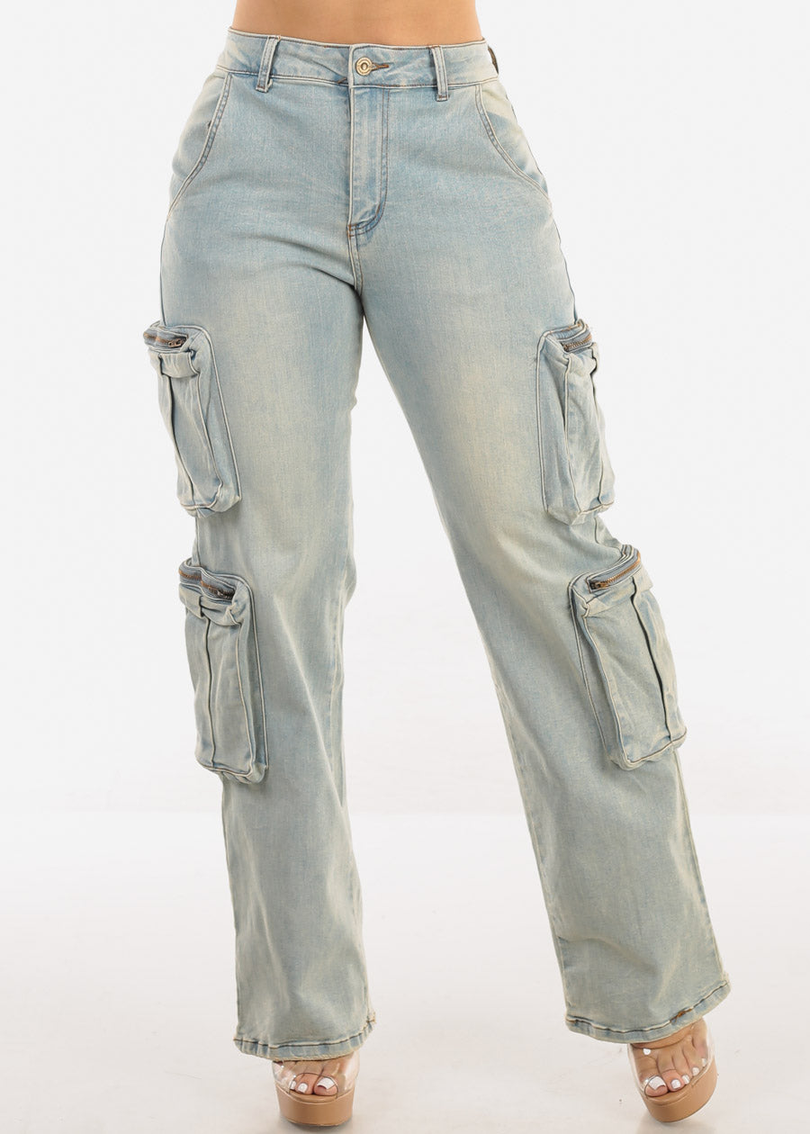 Super High Waist Straight Wide Leg Stretch Light Cargo Jeans