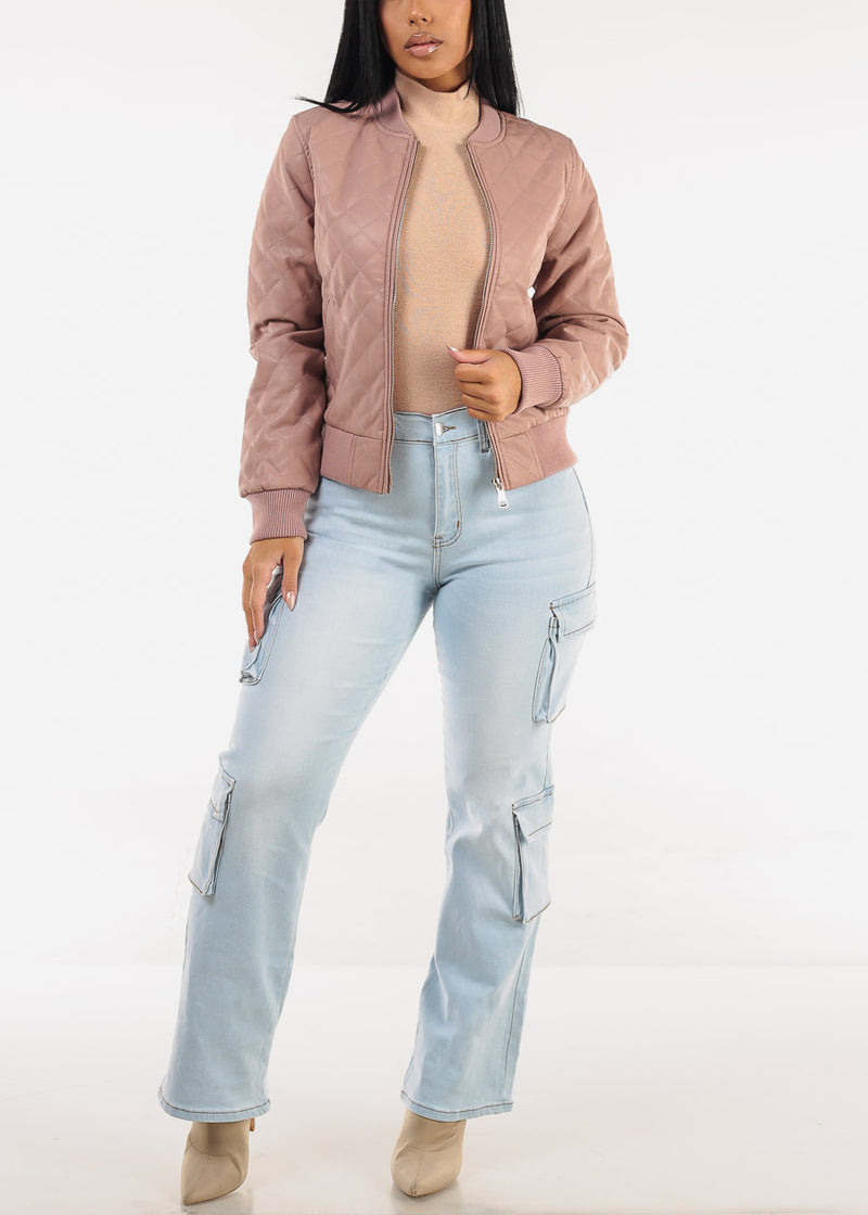 High Waisted Stretch Cargo Jeans Light Wash