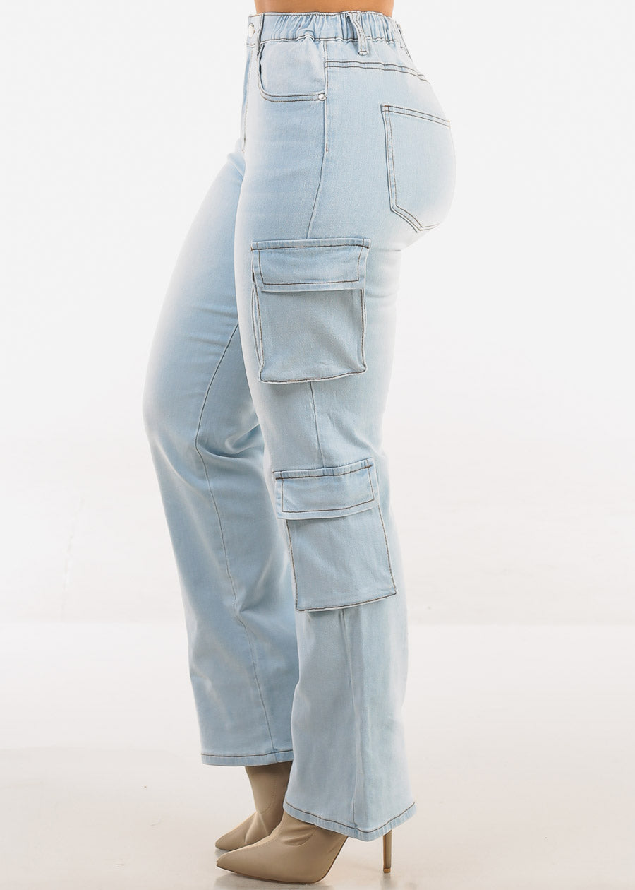 High Waisted Stretch Cargo Jeans Light Wash