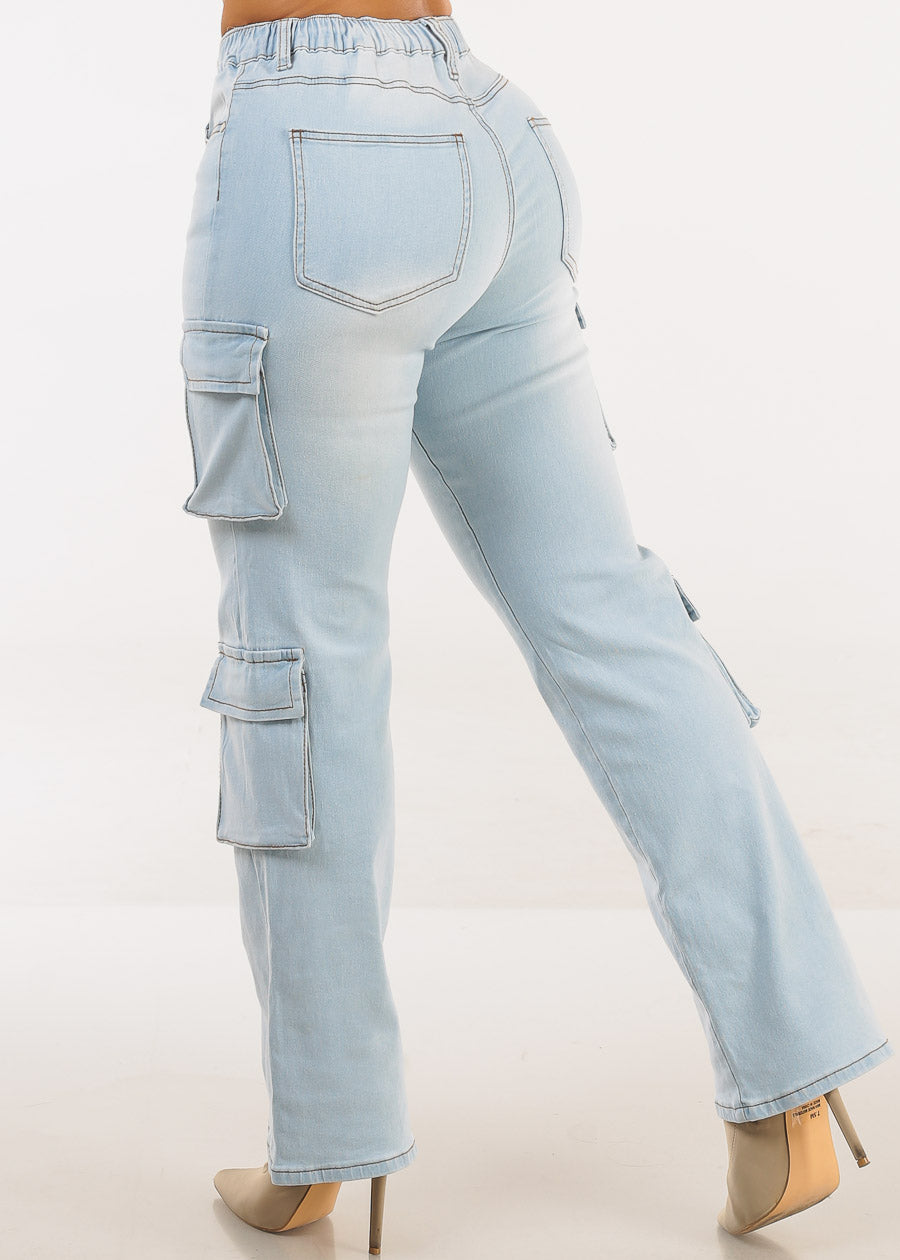 High Waisted Stretch Cargo Jeans Light Wash