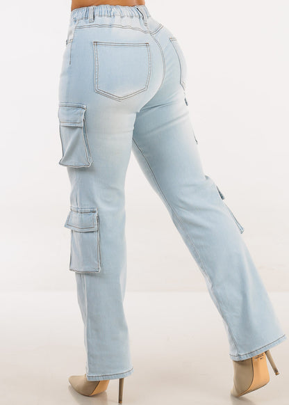 High Waisted Stretch Cargo Jeans Light Wash
