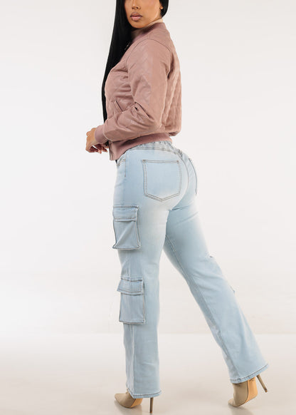 High Waisted Stretch Cargo Jeans Light Wash