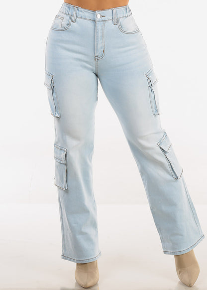 High Waisted Stretch Cargo Jeans Light Wash