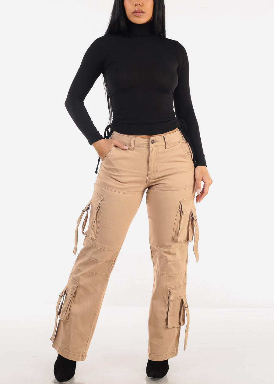 Butt Lift High Waist Straight Wide Leg Cargo Jeans Khaki