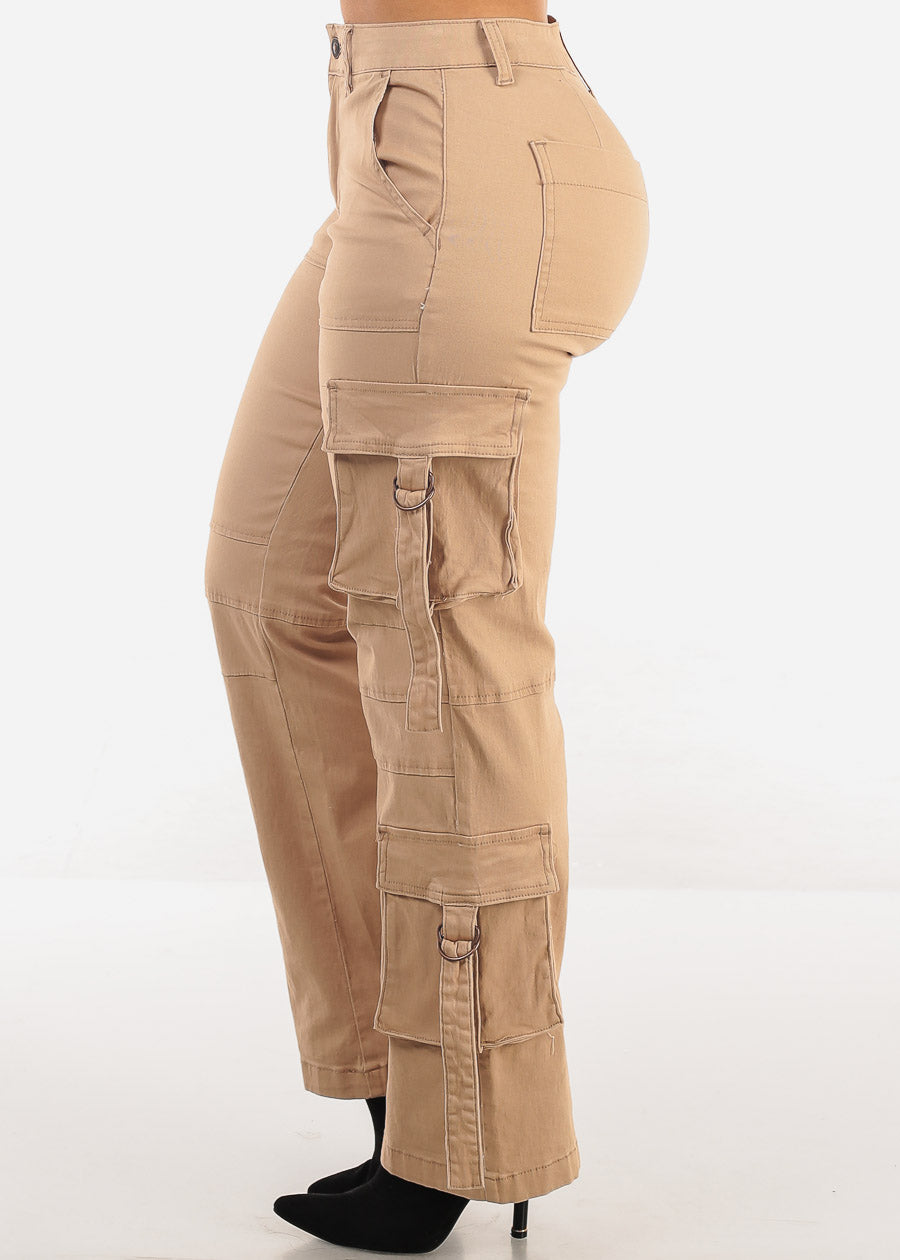 Butt Lift High Waist Straight Wide Leg Cargo Jeans Khaki