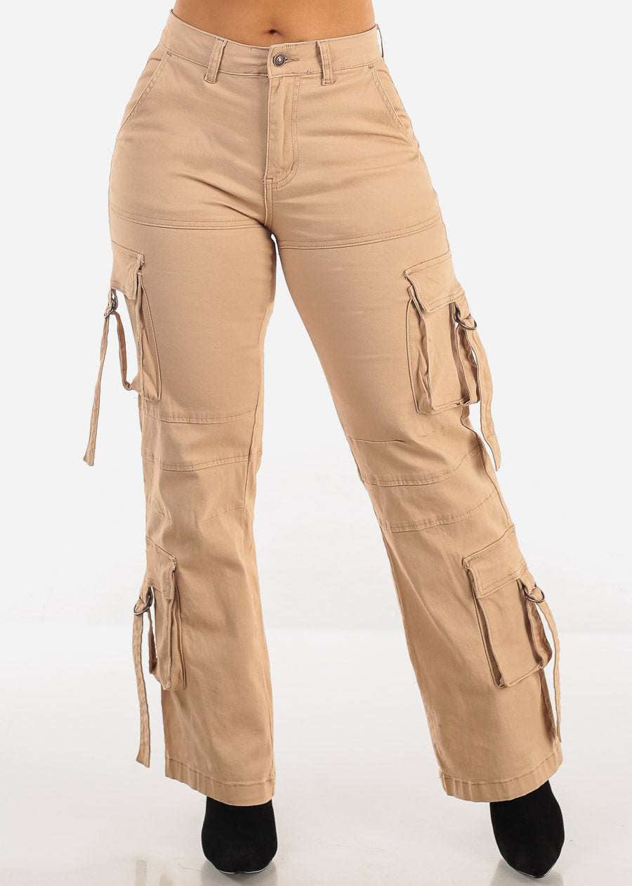 Butt Lift High Waist Straight Wide Leg Cargo Jeans Khaki