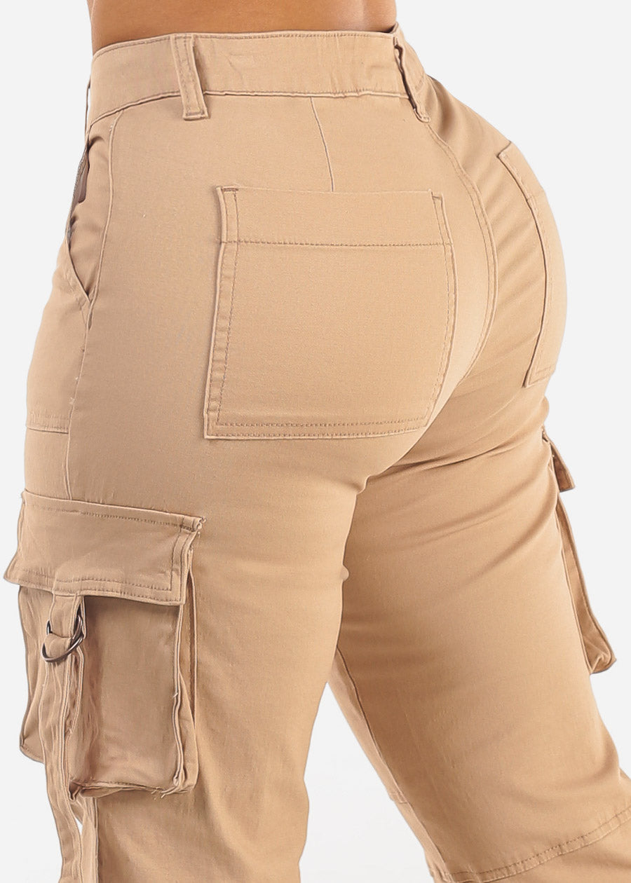 Butt Lift High Waist Straight Wide Leg Cargo Jeans Khaki