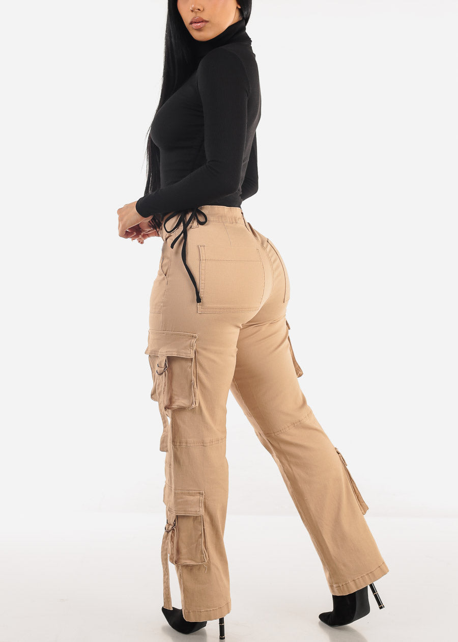 Butt Lift High Waist Straight Wide Leg Cargo Jeans Khaki