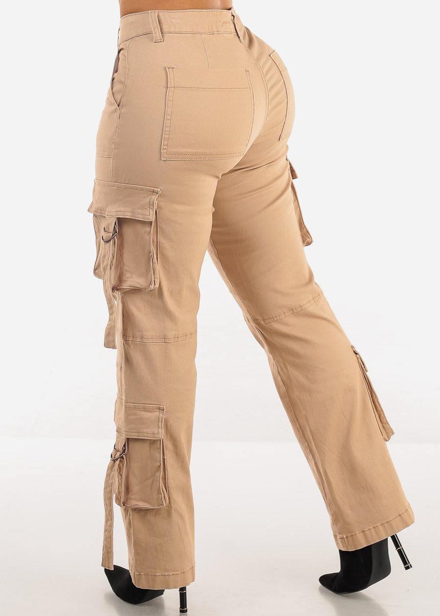 Butt Lift High Waist Straight Wide Leg Cargo Jeans Khaki