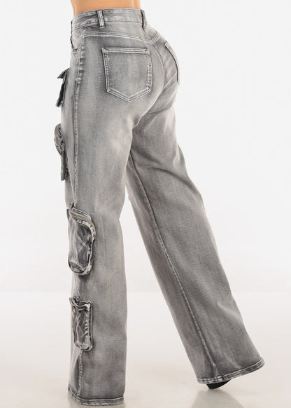 Super High Waist Straight Wide Leg Stretch Cargo Jeans Grey