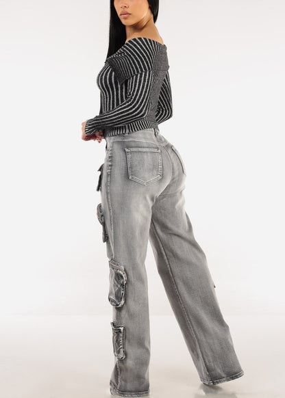 Super High Waist Straight Wide Leg Stretch Cargo Jeans Grey