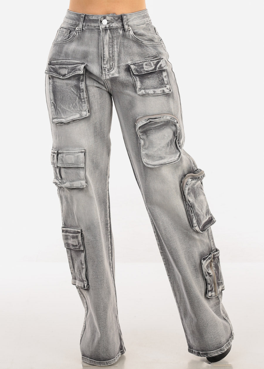 Super High Waist Straight Wide Leg Stretch Cargo Jeans Grey