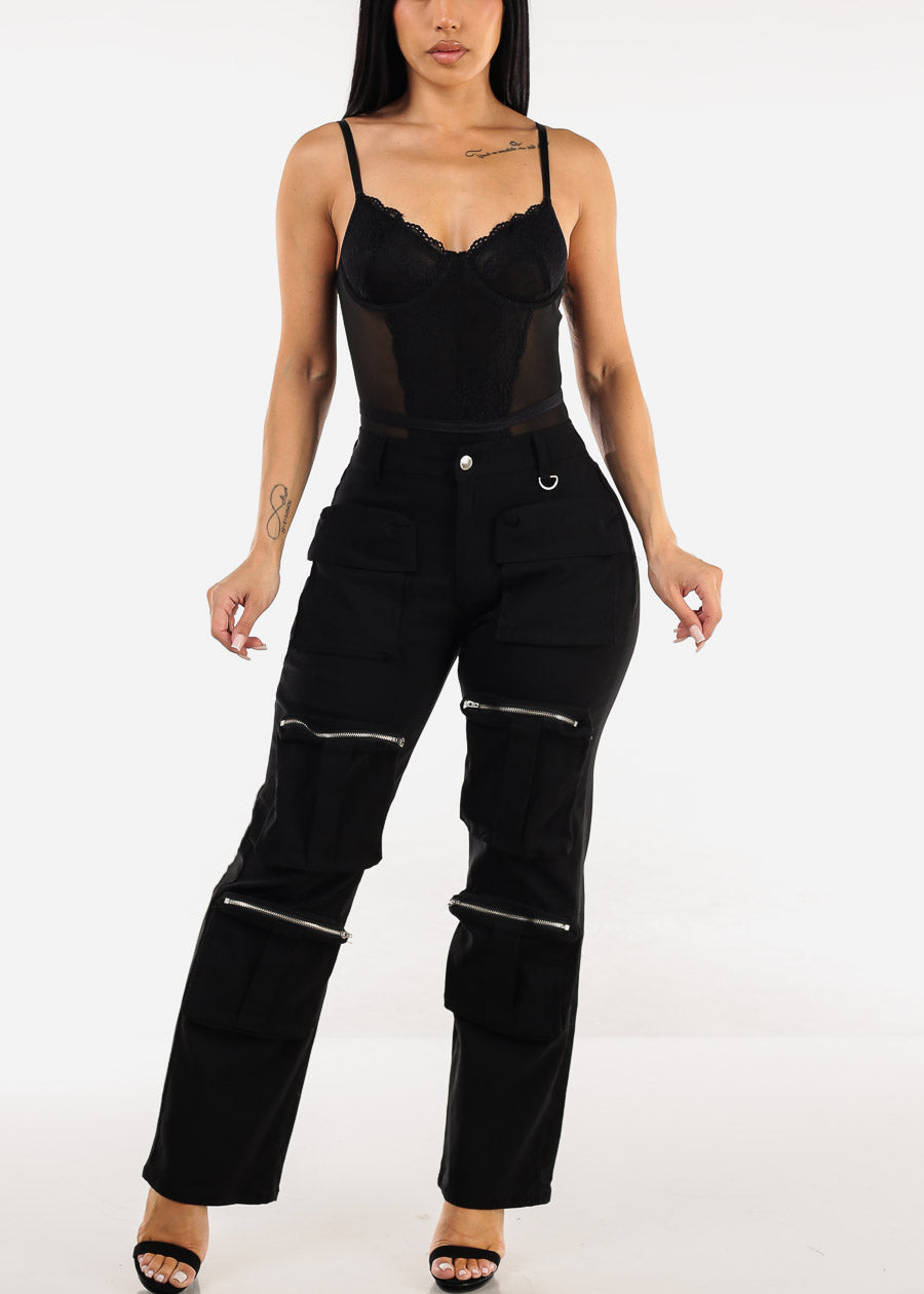 Hyper Stretch Straight Wide Leg Cargo Pants Black