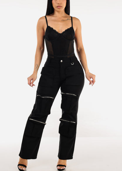 Hyper Stretch Straight Wide Leg Cargo Pants Black