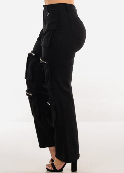 Hyper Stretch Straight Wide Leg Cargo Pants Black