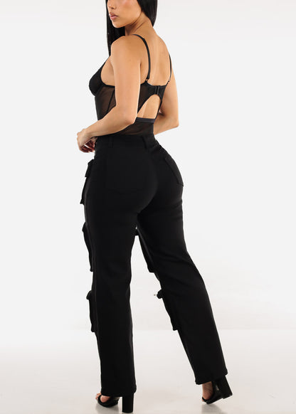 Hyper Stretch Straight Wide Leg Cargo Pants Black